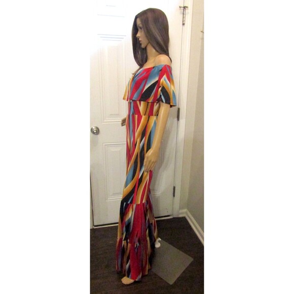 Win Win Jumpsuit Off Shoulder Ruffled Retro Striped Bell Bottom Pants NWOT Sz M - Picture 3 of 8